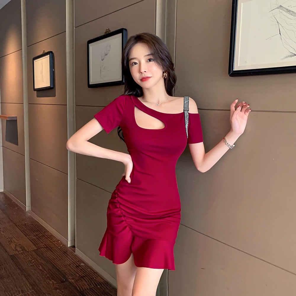 Lotus leaf edges tight sexy pure cotton hollow dress