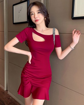 Lotus leaf edges tight sexy pure cotton hollow dress