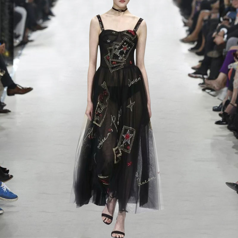 Spring gauze sling formal dress embroidery catwalk long dress