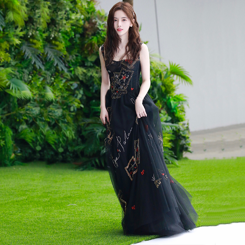 Spring gauze sling formal dress embroidery catwalk long dress