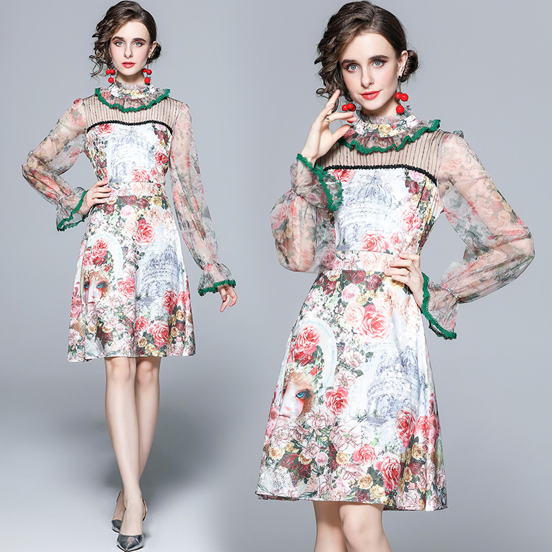 Court style splice puff sleeve dress lace spring cheongsam