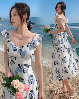 Pinched waist slim France style summer floral lady unique dress
