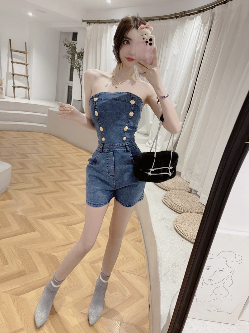 Fashion wide leg jumpsuit denim slim shorts