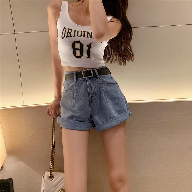 Korean style high waist jeans crimping slim shorts for women