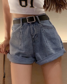Korean style high waist jeans crimping slim shorts for women