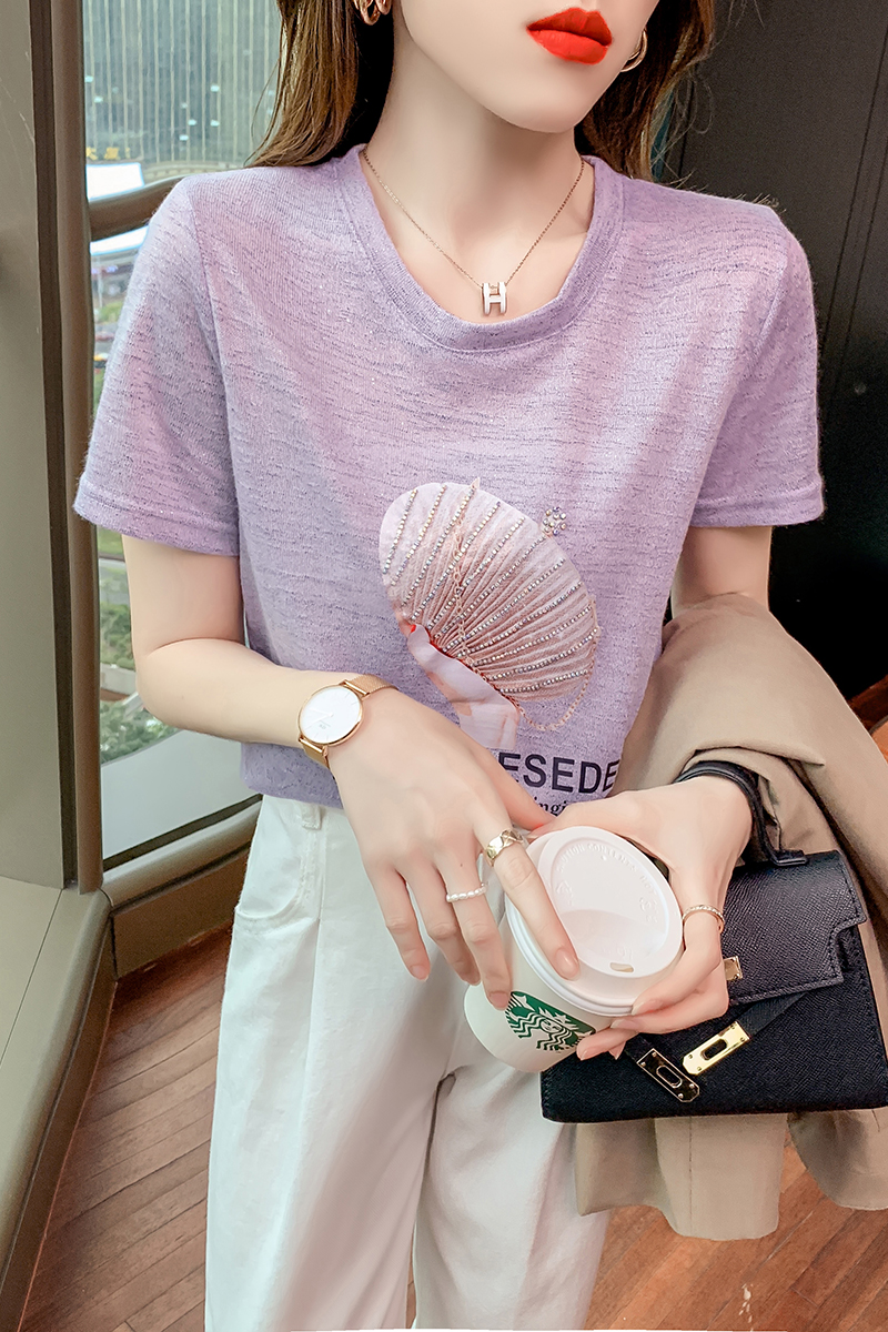 Beading pure cotton T-shirt short sleeve tops for women