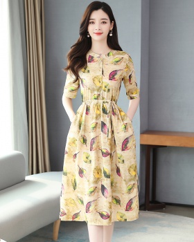 Spring pinched waist printing temperament long Casual dress