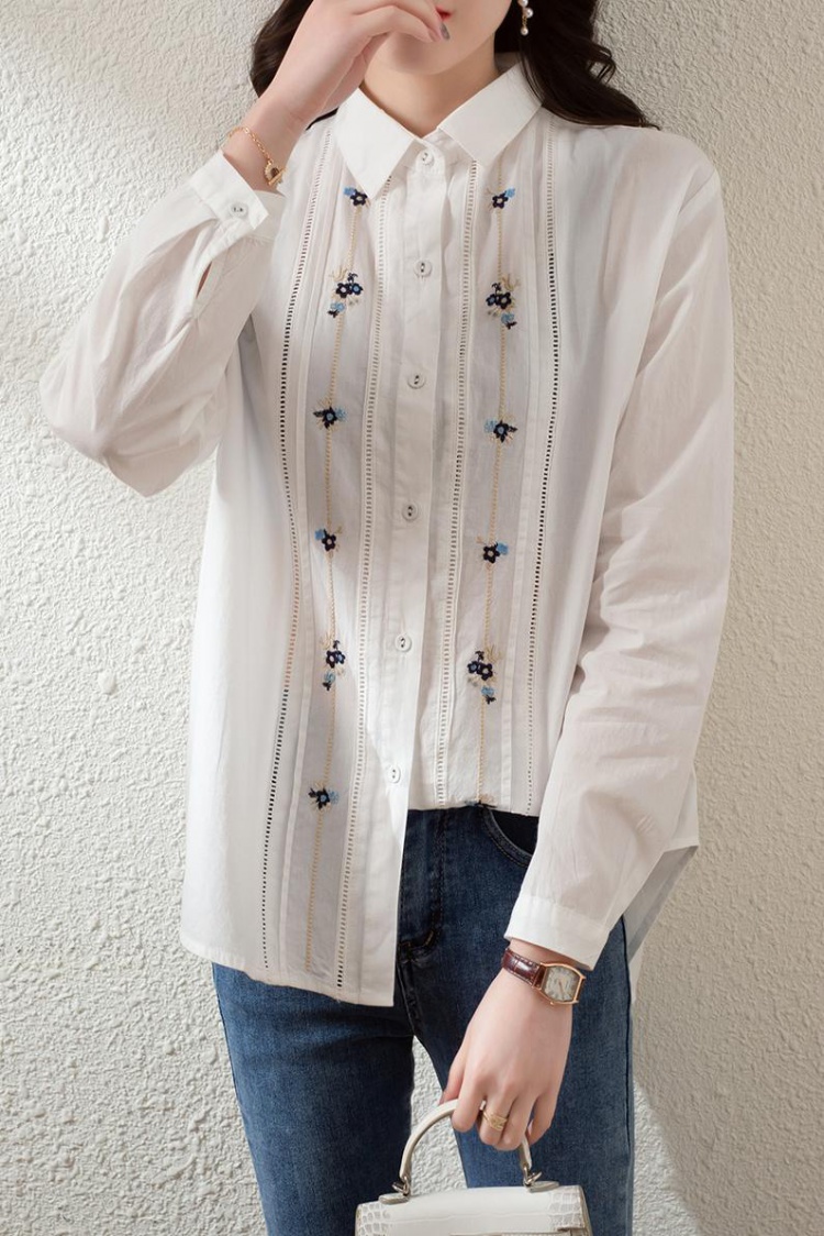 All-match embroidery spring loose shirt for women