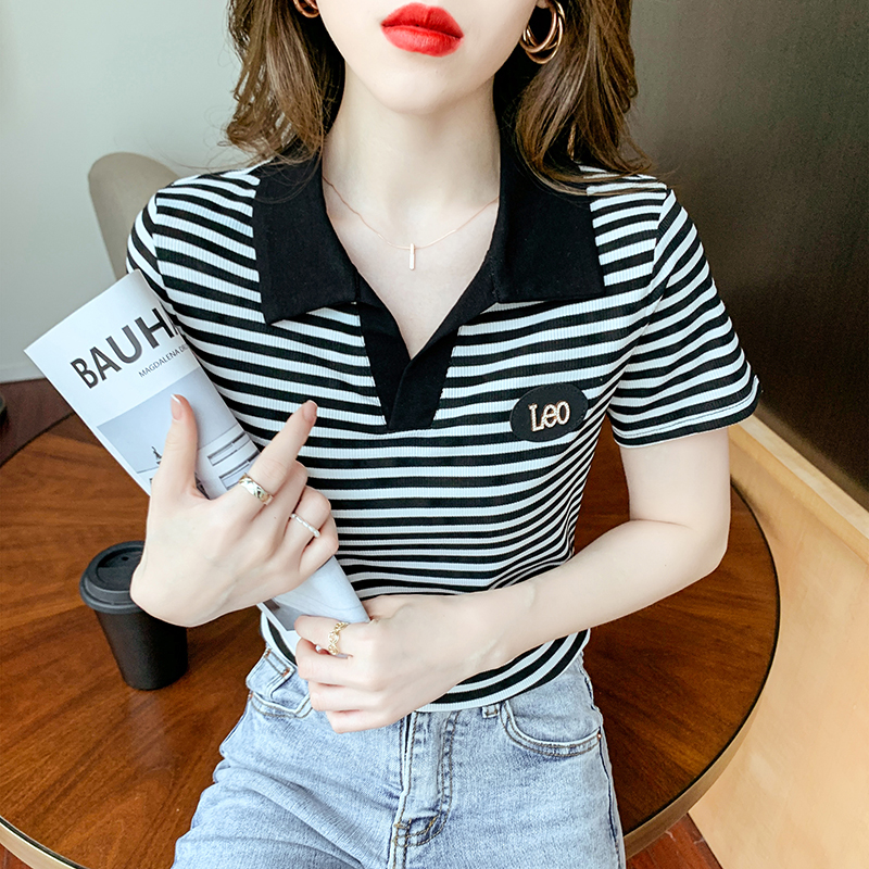 Doll lapel fashion T-shirt stripe tops for women