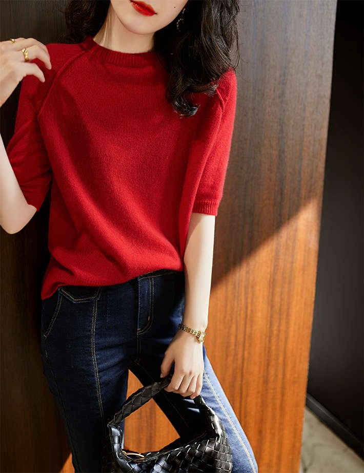 Red thin short tops loose Korean style sweater for women