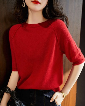 Red thin short tops loose Korean style sweater for women