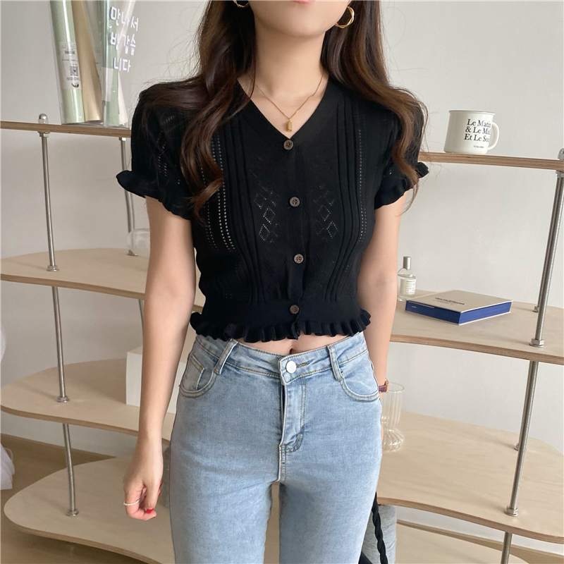 Fashion and elegant short cardigan short sleeve buckle tops