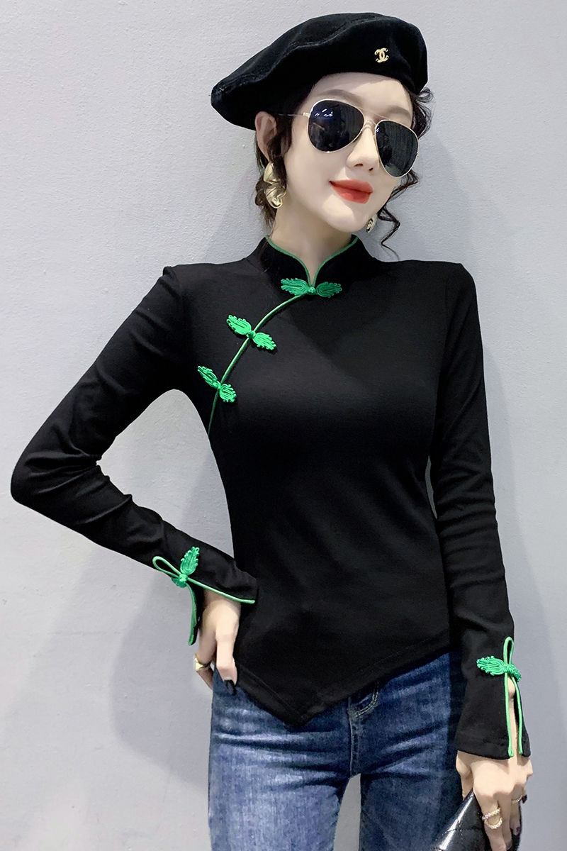 Hollow buckle Chinese style spring splice tops for women