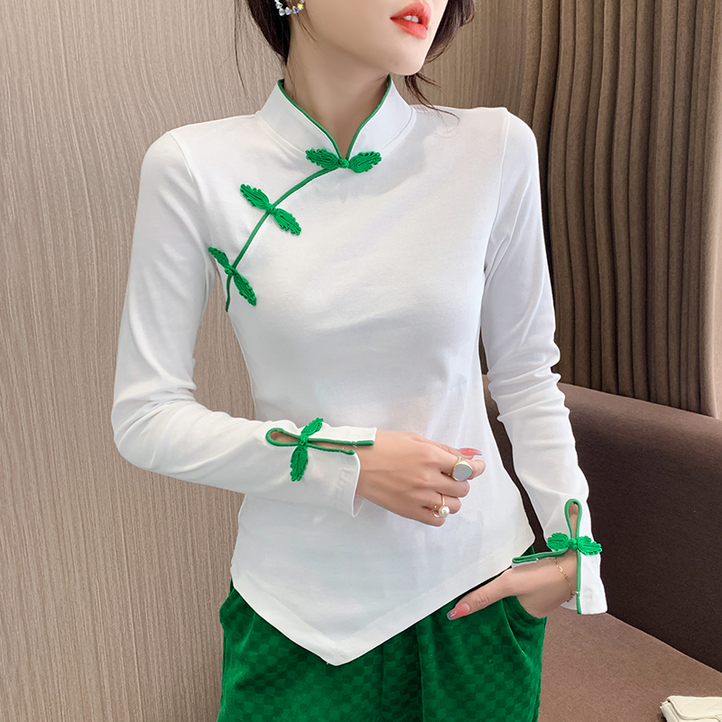 Hollow buckle Chinese style spring splice tops for women