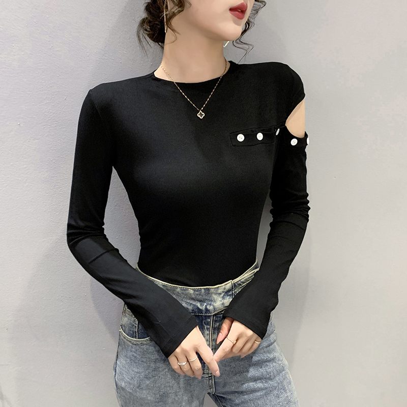 Long sleeve cotton pure T-shirt Western style buckle tops