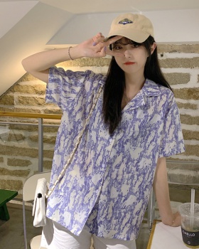 Retro loose lapel shirt ink printing Korean style tops