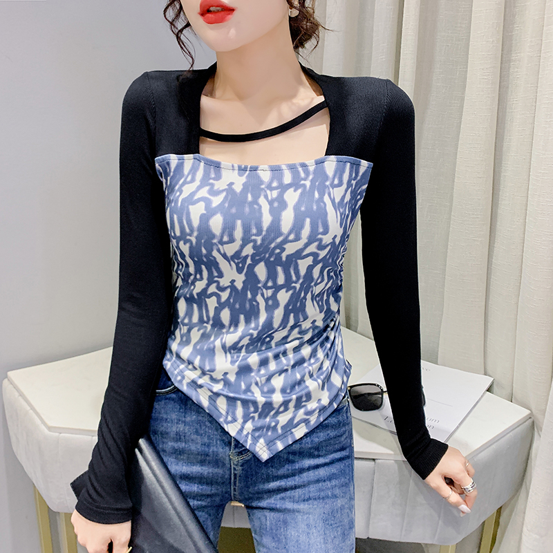 Printing splice T-shirt long sleeve spring tops for women