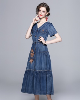 Long denim dress embroidery long dress for women