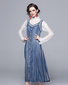 Spring sleeveless long tops denim embroidery lace dress
