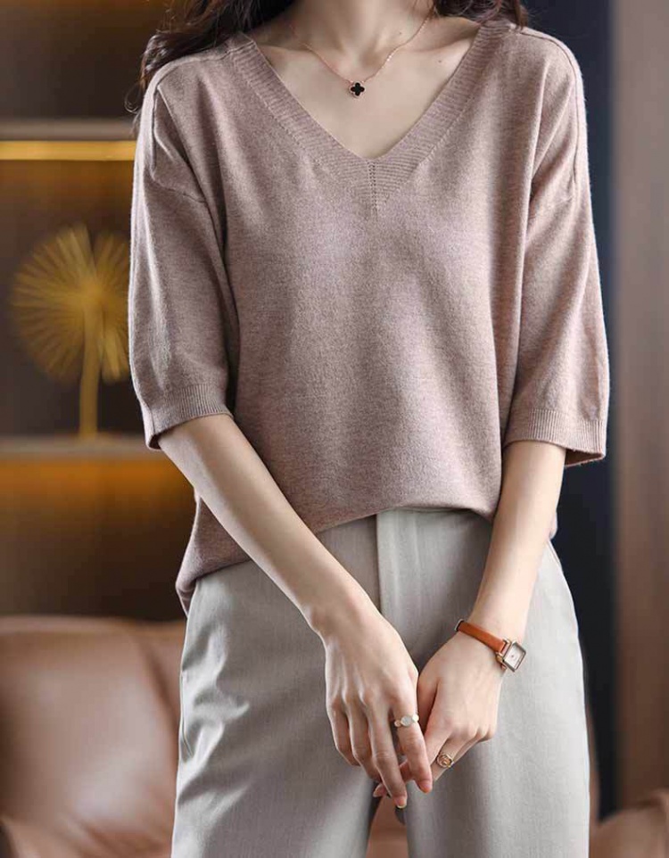 Wool tops five tenths short sleeve sweater for women