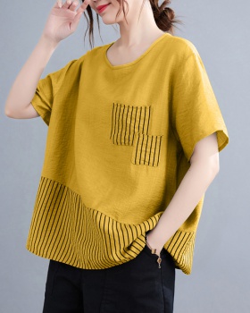 Loose round neck tops summer cotton linen T-shirt for women
