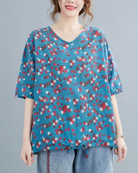 Loose printing tops V-neck slim T-shirt for women