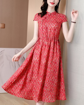 Slim floral temperament summer pinched waist red dress for women