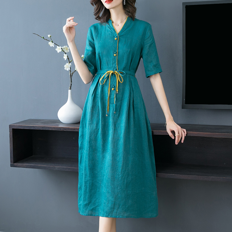 Breathable slim long dress pinched waist long dress