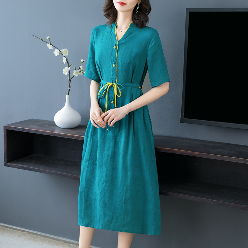 Breathable slim long dress pinched waist long dress