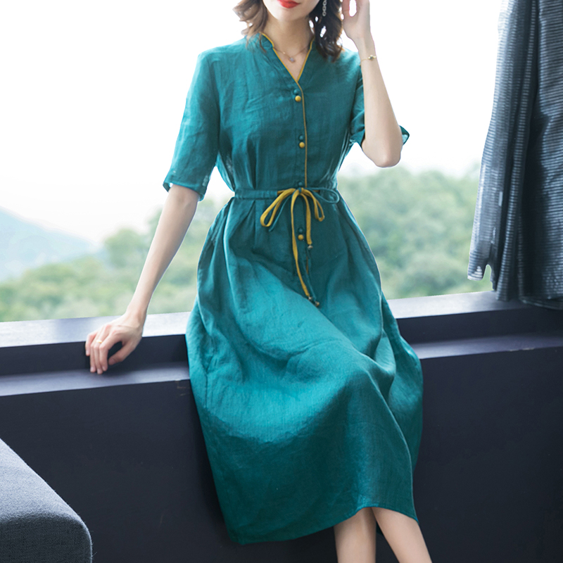 Breathable slim long dress pinched waist long dress