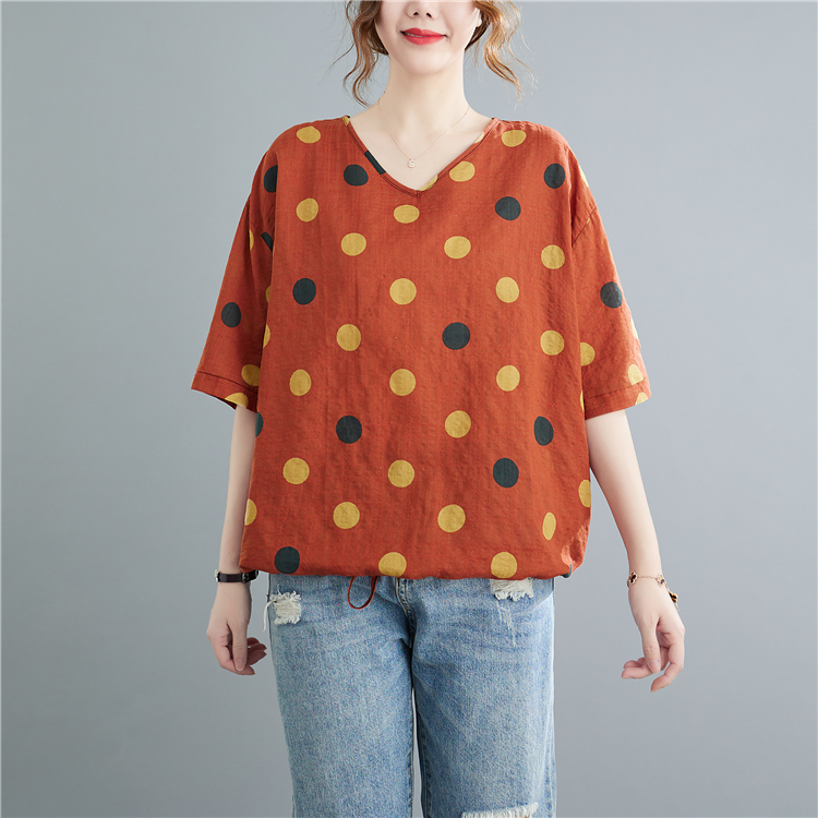 Short sleeve polka dot tops V-neck loose T-shirt