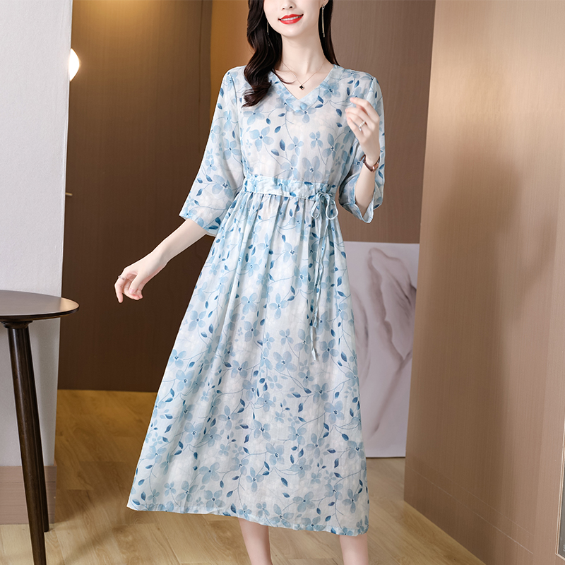 Floral thin cotton linen Western style dress