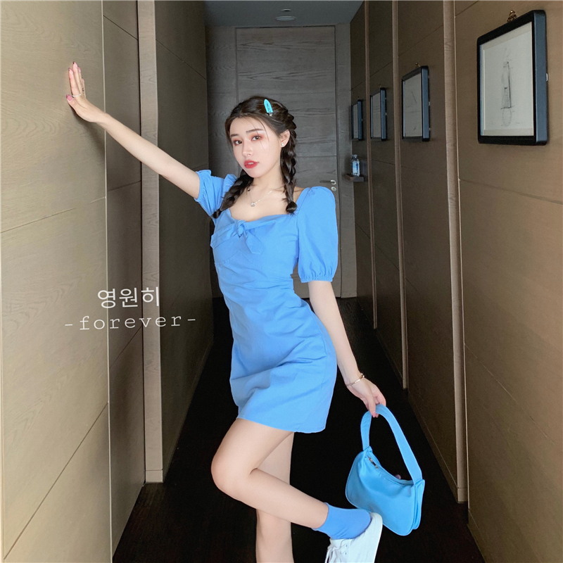 Maiden court style clavicle square collar bow dress
