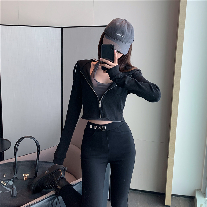Hooded slim knitted pinched waist short long sleeve coat