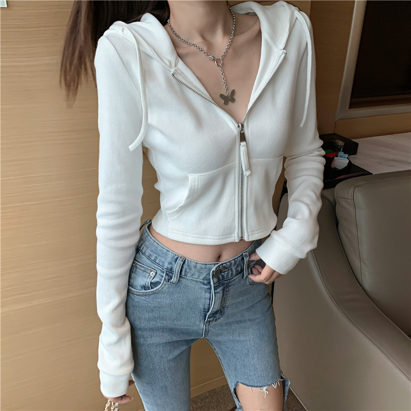 Hooded slim knitted pinched waist short long sleeve coat