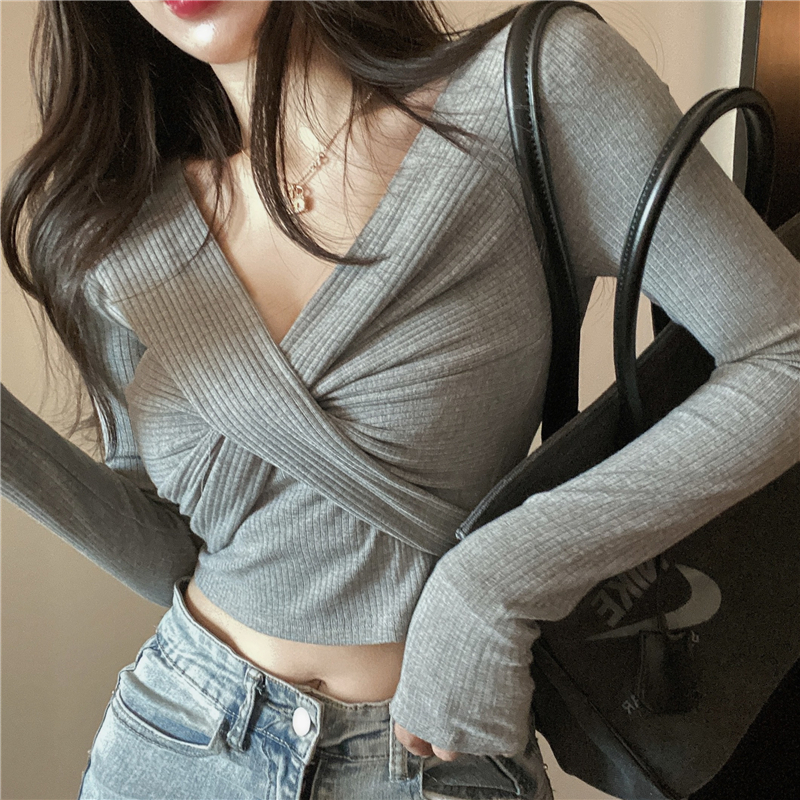Long sleeve tight pure all-match slim T-shirt for women