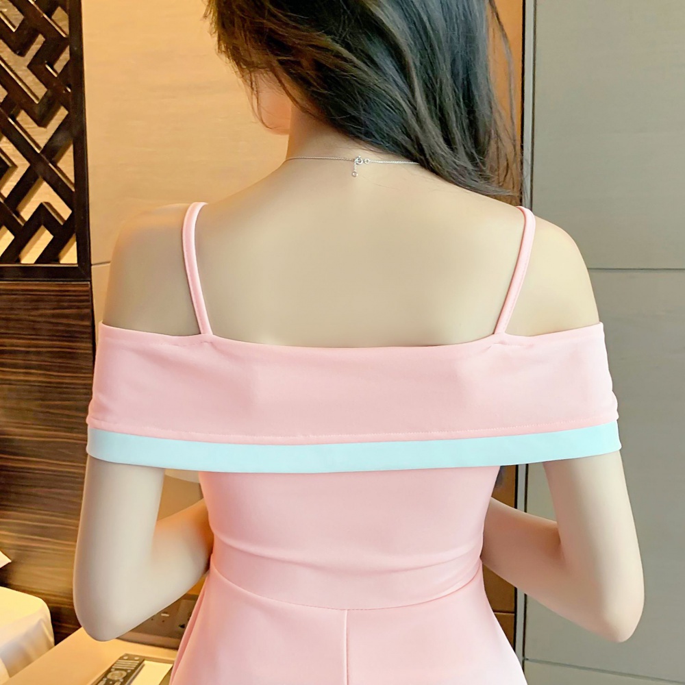 Pinched waist V-neck sexy flat shoulder dress