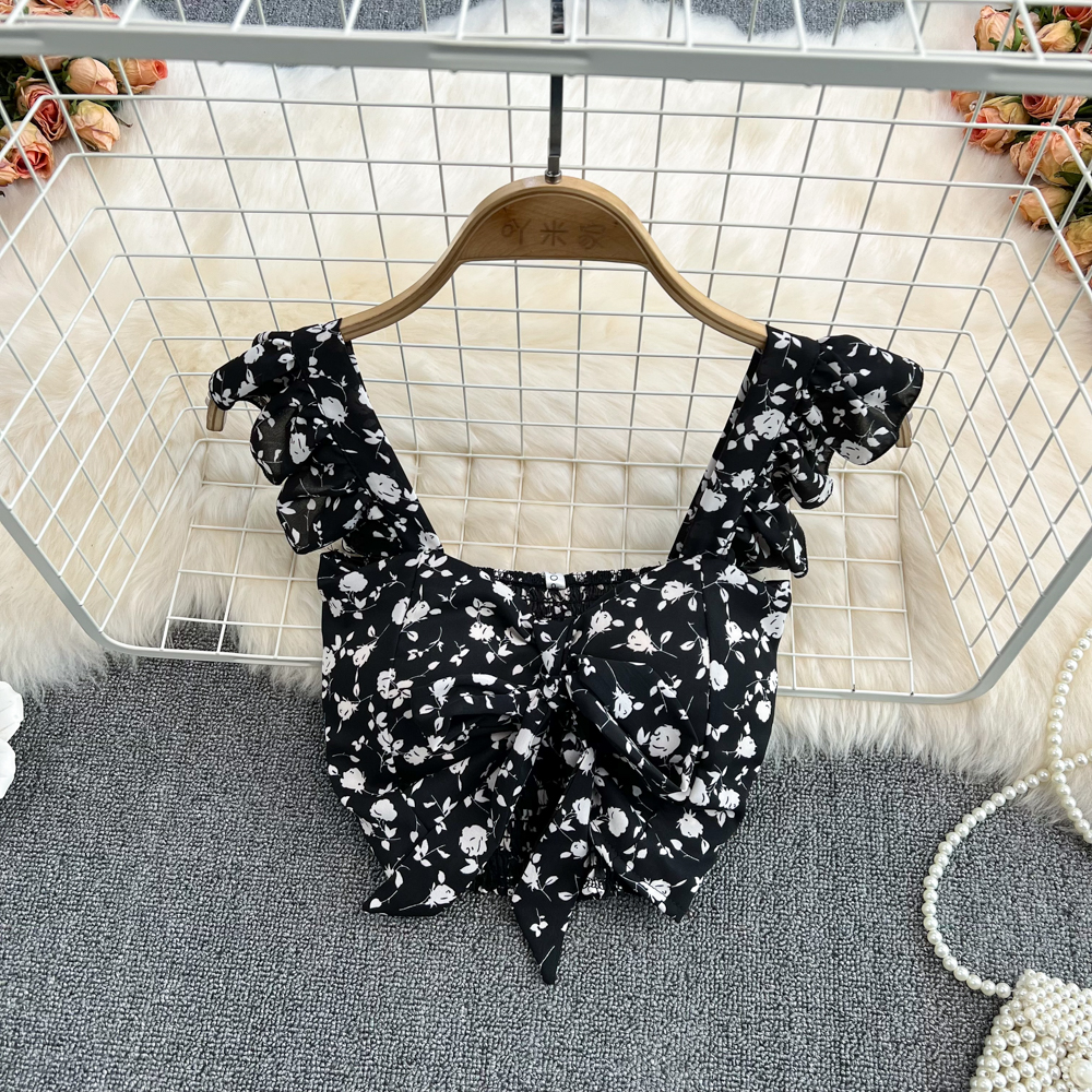 Retro slim vest floral navel tops for women