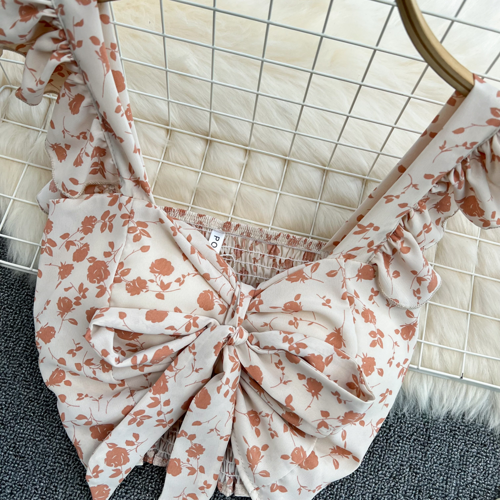Retro slim vest floral navel tops for women