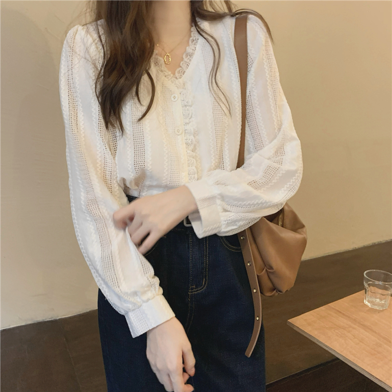 Slim hollow V-neck tops wood ear all-match lace shirt