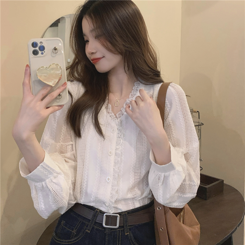 Slim hollow V-neck tops wood ear all-match lace shirt