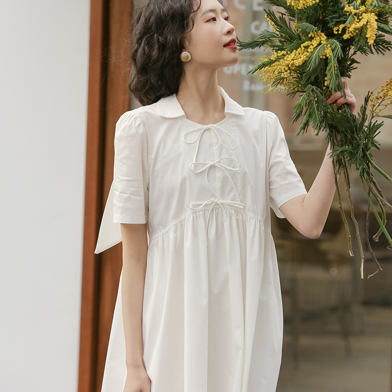 Temperament white spring and summer bow frenum dress