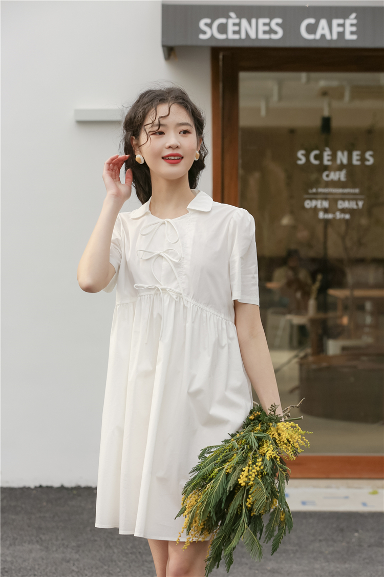 Temperament white spring and summer bow frenum dress