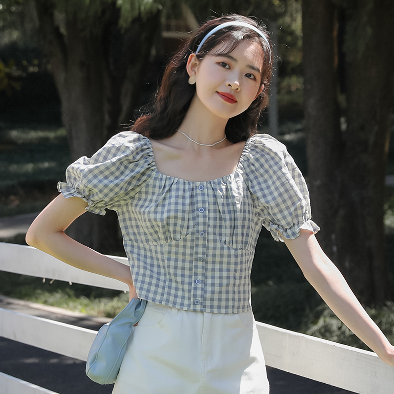 Spring and summer lantern short sleeve plaid shirt for women