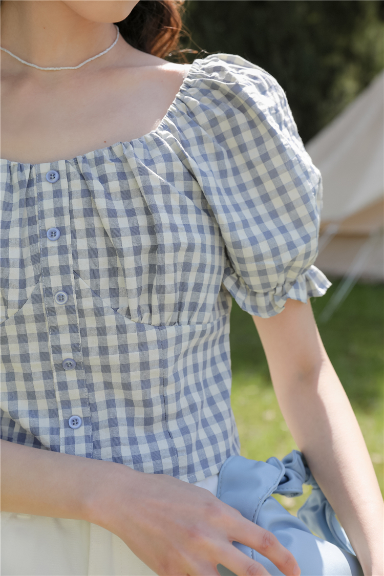 Spring and summer lantern short sleeve plaid shirt for women