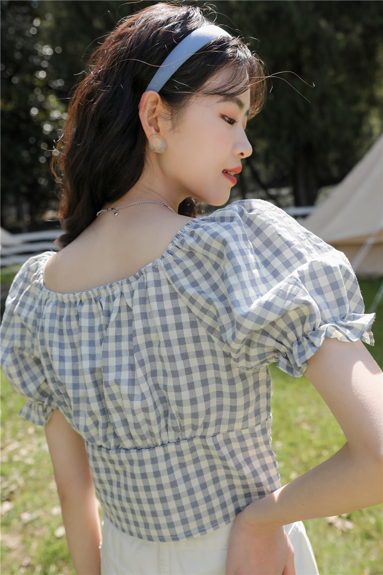 Spring and summer lantern short sleeve plaid shirt for women