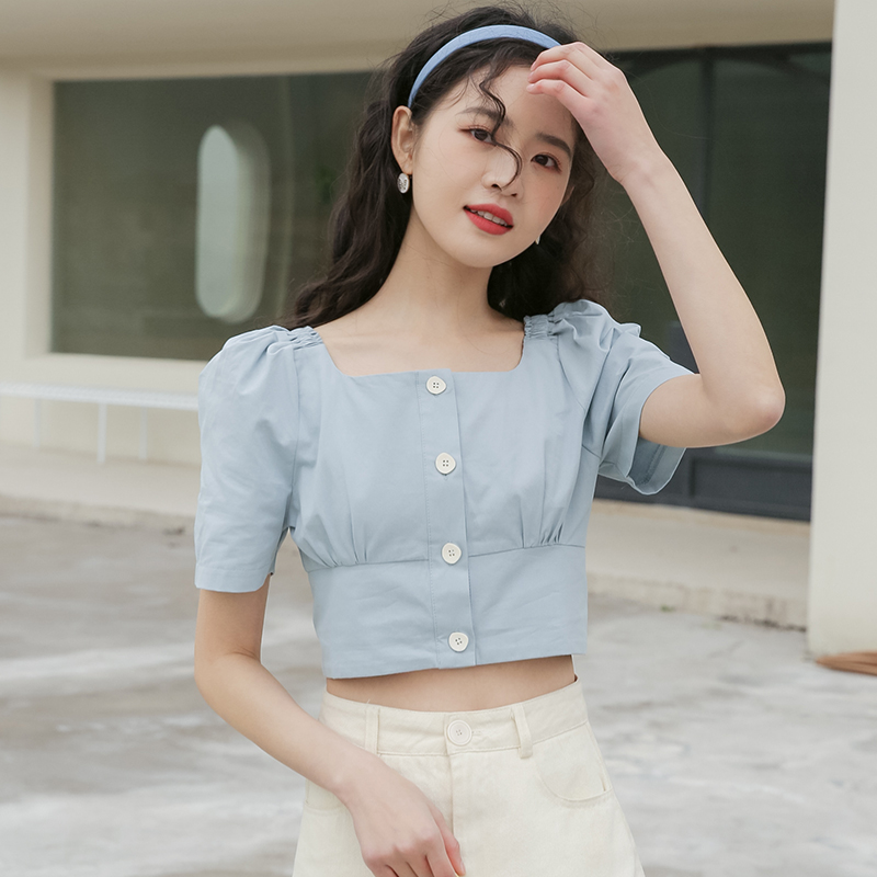 Short sleeve summer buckle Western style square collar shirt