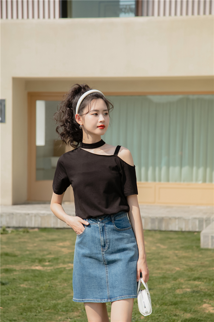 Loose all-match tops strapless personality T-shirt for women