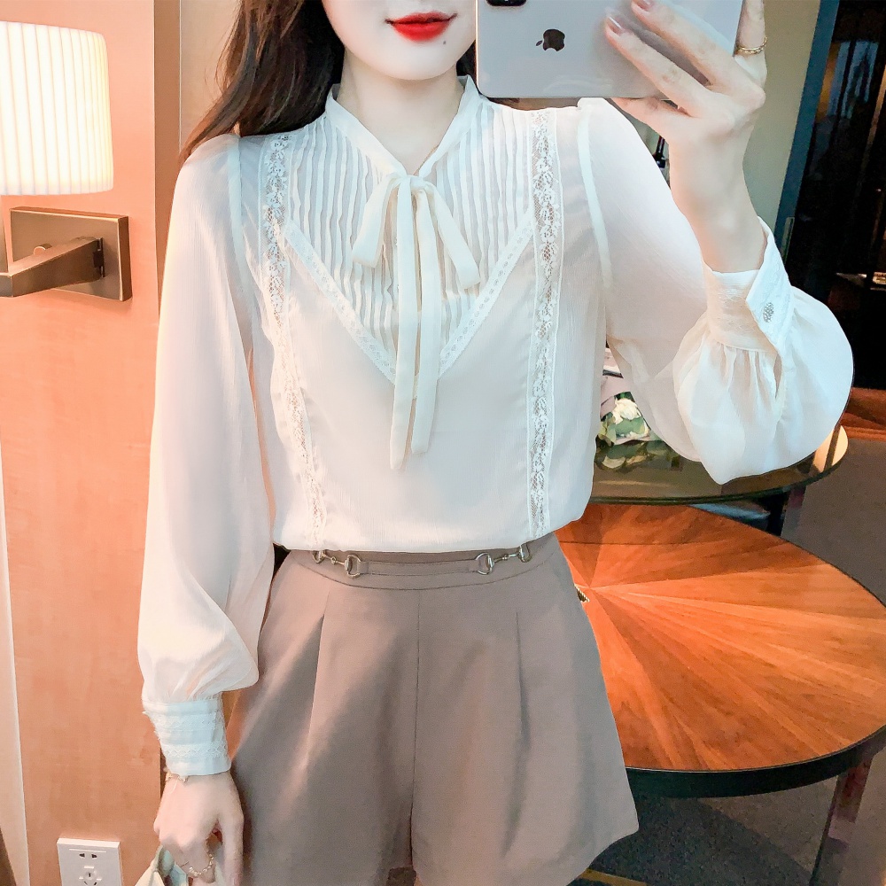 Lady spring tops lantern sleeve lace chiffon shirt