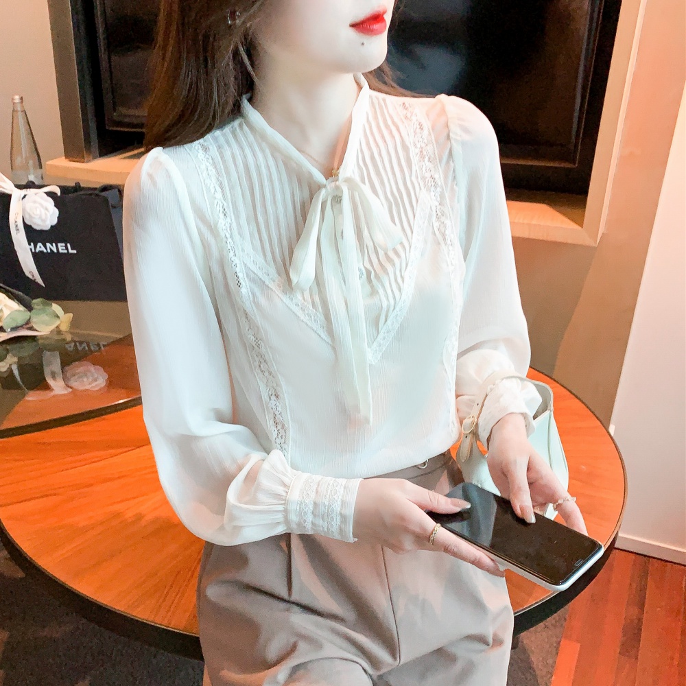 Lady spring tops lantern sleeve lace chiffon shirt